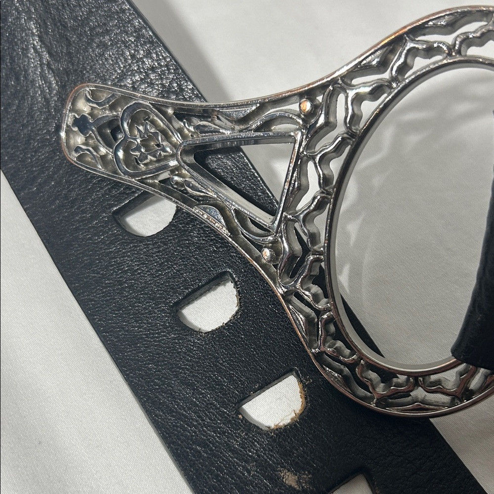 Chico’s Women's Black Leather Slouch Belt with Decorative Silver Buckle - Picture 2 of 7
